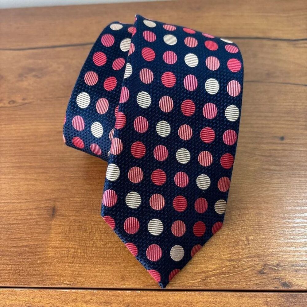 Jos A Bank Reserve Silk Tie Navy Blue Red Cream Polka Dot Woven Geometric
